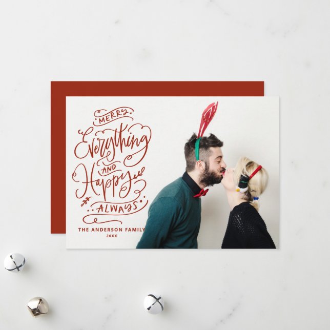 Red Merry Everything and Happy Always Photo Holiday Card (Front/Back In Situ)