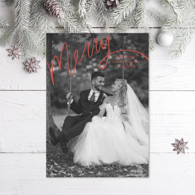 Red Merry Hand Lettering Wedding Photo Holiday Card (Creator Uploaded)