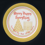 Red Merry Happy Everything Party Chrismukkah Paper Plate<br><div class="desc">Personalise these fun MERRY HAPPY EVERYTHING paper party plates in red, faux gold and white for a one of a kind Chrismukkah party. Featuring my faux gold polka dot modern Christmas tree and matching Hanukkah menorah, the design is finished with bright red mixed fonts and complimentary borders around the plate....</div>