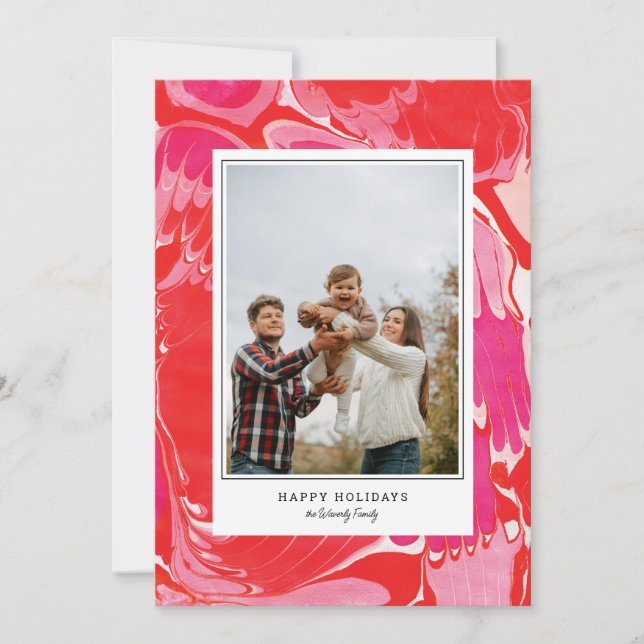Red Merry Marble Holiday Photo Card (Front)