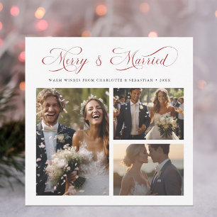 Red Merry & Married Elegant Script 3 Photo     Holiday Card