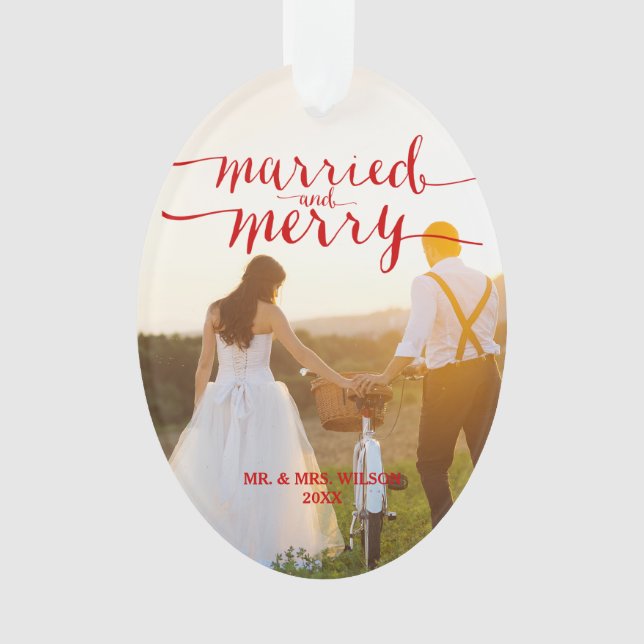 Red MERRY & MARRIED | PHOTO HOLIDAY ORNAMENT (Front)