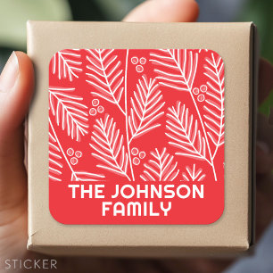 Red Merry pine branches white Family Name Square Sticker