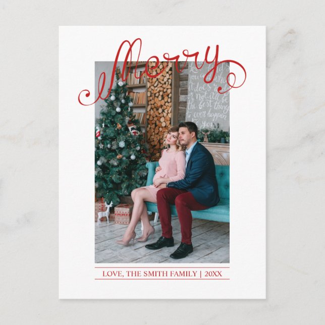 Red Merry Script | Christmas Holiday Photo Postcard (Front)