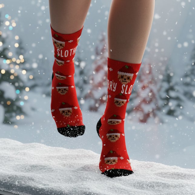 Red Merry Slothmas Christmas Holiday Socks (Santa Sloth is coming to your feet this Slothmas. Perfect socks for dashing through the snow!)
