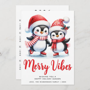 Red Merry Vibes Ice Skating Penguins Christmas Holiday Card