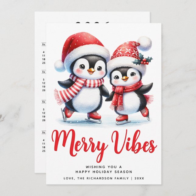 Red Merry Vibes Ice Skating Penguins Christmas Holiday Card (Front/Back)