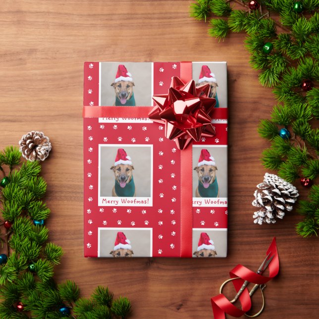 Red Merry Woofmas Personalised Pet Dog Photo Wrapping Paper (Holiday Gift)
