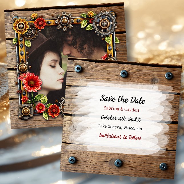 Red Metal Flowers Steampunk Personalised Wedding Save The Date (Creator Uploaded)
