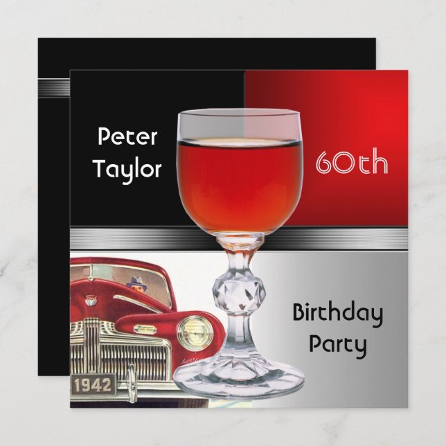 Red Metal Silver Red Car Mens 60th Birthday Man Invitation (Front/Back)
