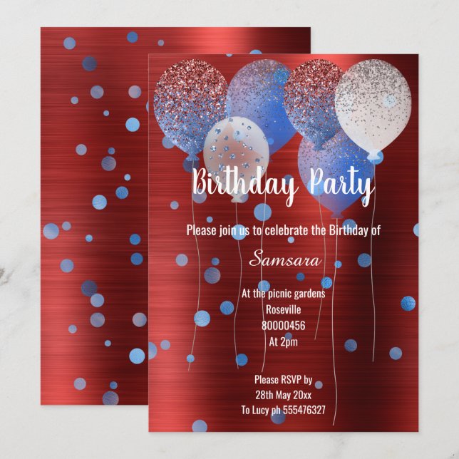 RED METALLIC & BLUE BIRTHDAY BALLOON SPOT  INVITATION (Front/Back)