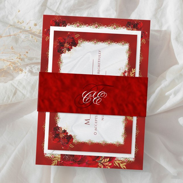 Red Metallic Elegant Monogram Wedding Invitation Belly Band (Creator Uploaded)