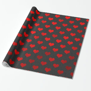 Red Metallic Faux Foil Hearts Black Background Wrapping Paper