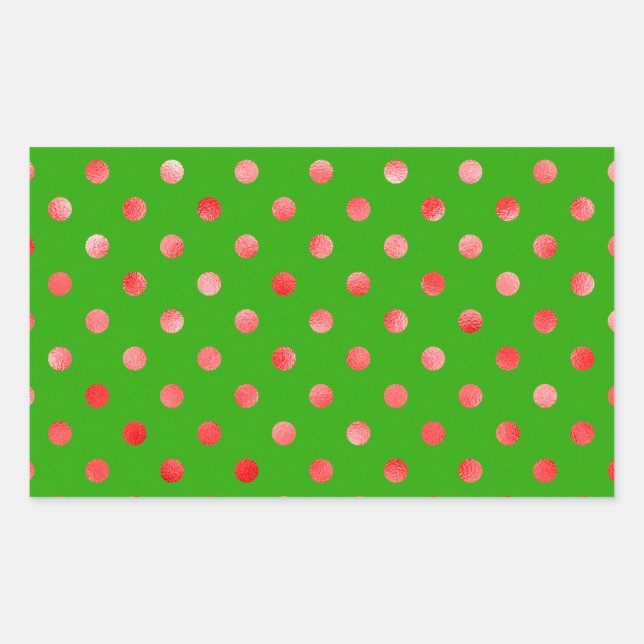 Red Metallic Faux Foil Polka Dot Green Background Rectangular Sticker (Front)