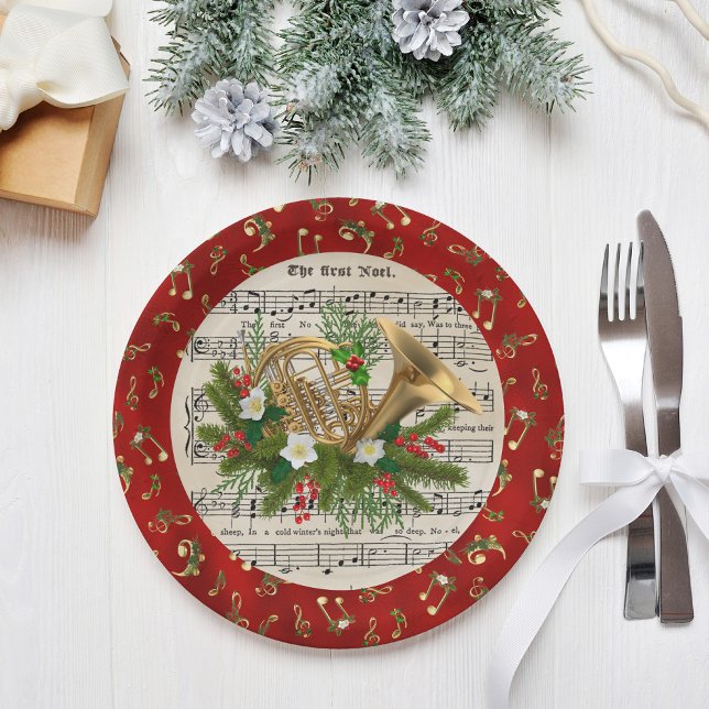 Red Metallic French Horn Christmas Music Paper Plate (Creator Uploaded)