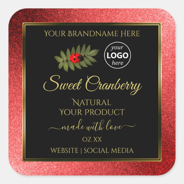 Red Metallic Glitter Black Product Labels Add Logo (Front)