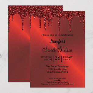 Red metallic glitter Sweet Sixteen Invitation