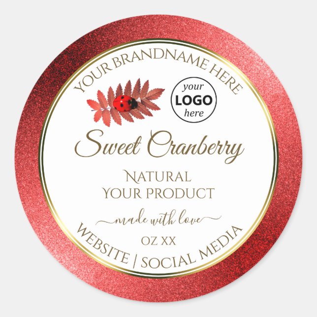 Red Metallic Glitter White Product Labels Add Logo (Front)
