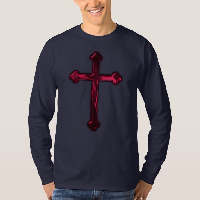 Red Metallic Look Cross Front and Back T-Shirt (Front)