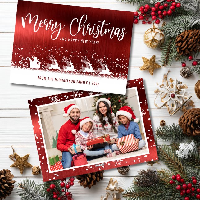 Red Metallic Santa Snow Photo Christmas Holiday Card (Red Metallic Santa Sleigh Christmas Photo Card )