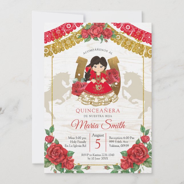 Red Mexican Charra Quinceañera Western Invitation (Front)
