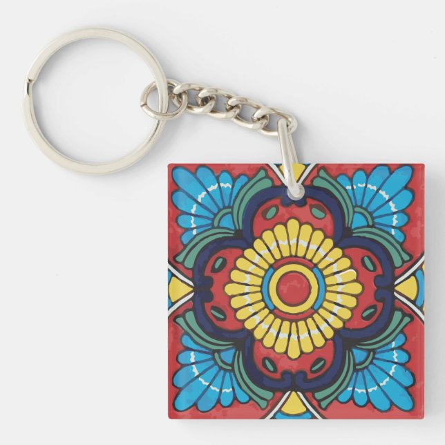 Red Mexican Talavera Tile pottery  Key Ring (Front)