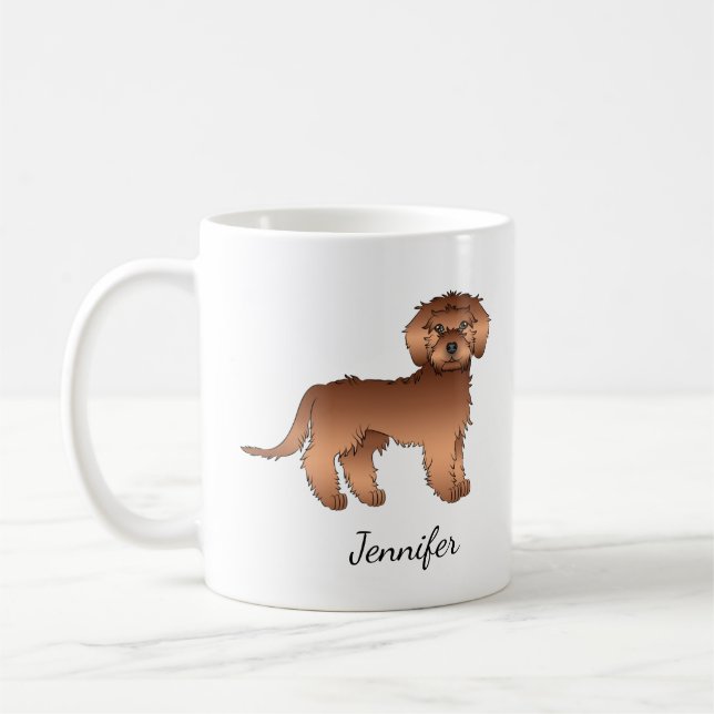 Red Mini Goldendoodle Cartoon Dog & Name Coffee Mug (Left)