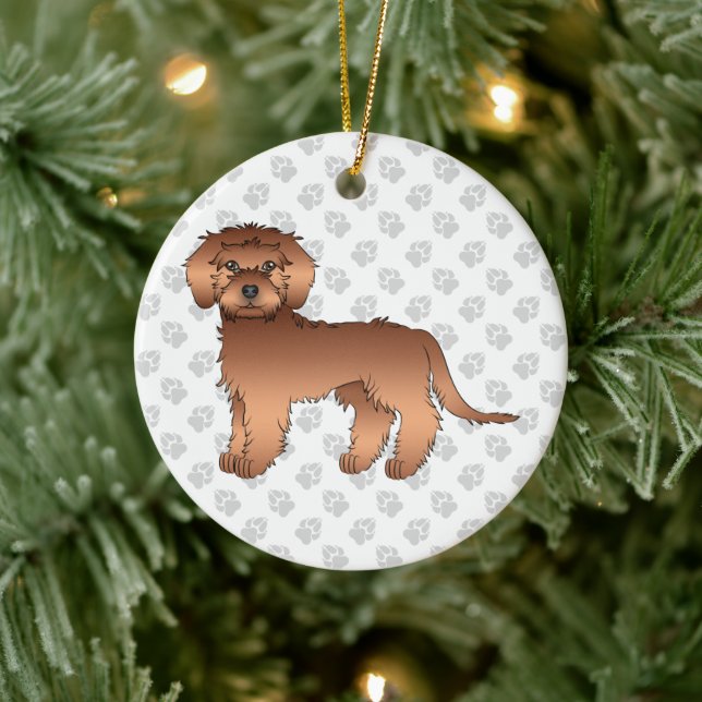 Red Mini Goldendoodle Cartoon Dog & Text Ceramic Tree Decoration (Tree)