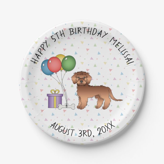 Red Mini Goldendoodle Cute Cartoon Dog Birthday Paper Plate (Front)