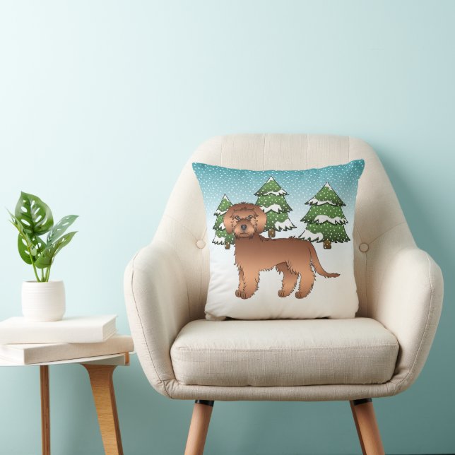Red Mini Goldendoodle Dog In A Winter Forest Cushion (Chair)