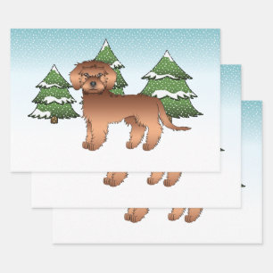 Red Mini Goldendoodle Dog In A Winter Forest Wrapping Paper Sheet