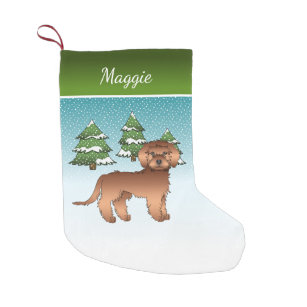 Red  Mini Goldendoodle - Winter Forest & Name Small Christmas Stocking