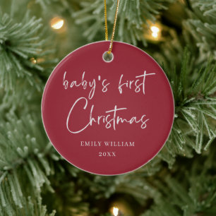 Red Minimal Elegant Photo Baby's Frist Christmas  Ceramic Tree Decoration