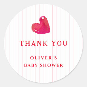 Red Minimal Heart Stripe Baby Shower Thank You Classic Round Sticker