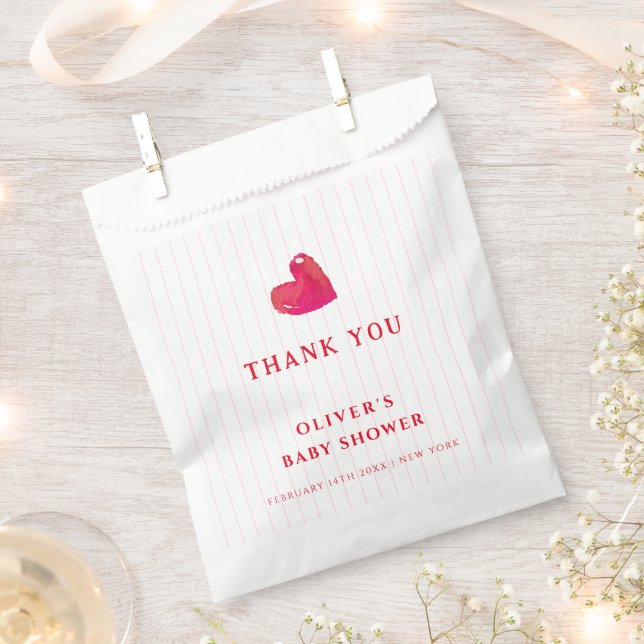 Red Minimal Heart Stripe Baby Shower Thank You Favour Bags (Clipped)