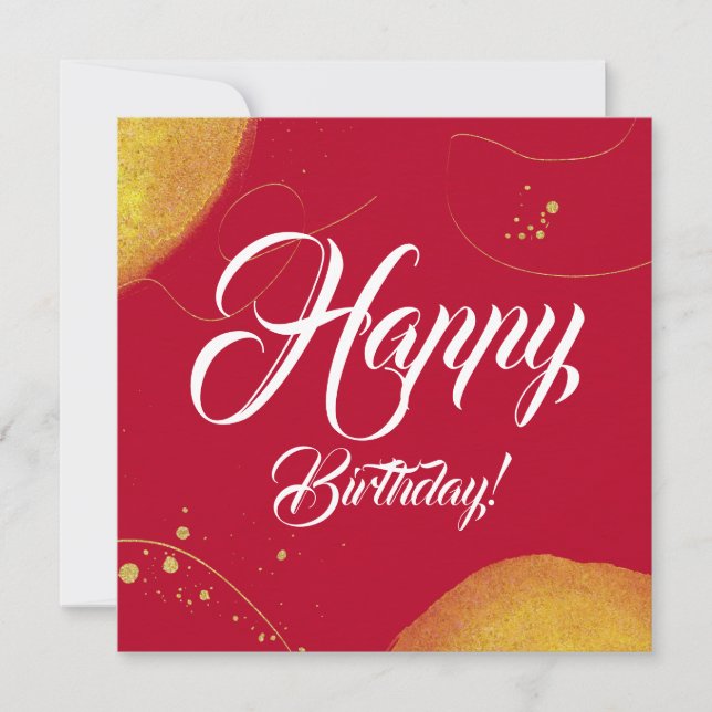 Red minimal modern happy birthday gold flat card (Front)