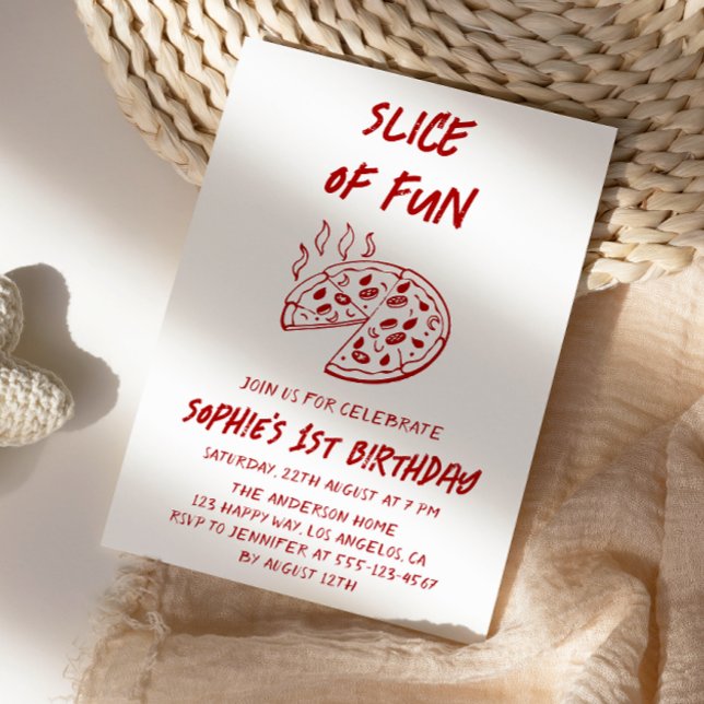 Red Minimal Slice of Fun Pizza Birthday  Invitation (Creator Uploaded)
