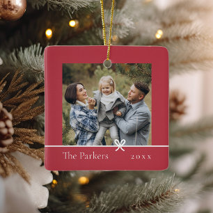Red Minimalist Bow Double Sided Photo Ceramic Ornament