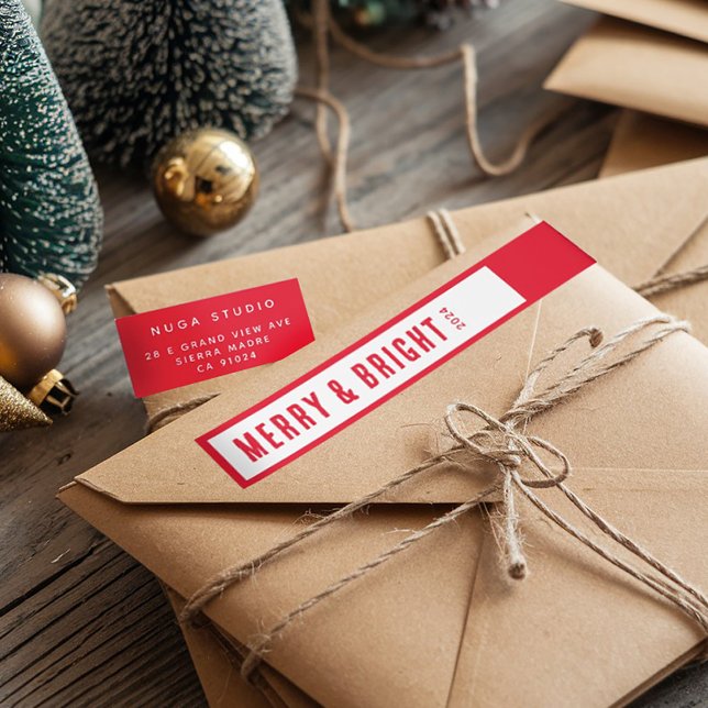 Red Minimalist Christmas Merry and Bright Address Wrap Around Label (Creator Uploaded)