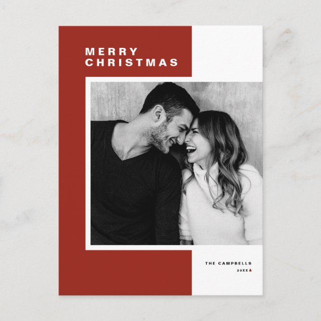 Red Minimalist Colour Block Merry Christmas Photo Holiday Postcard (Front)