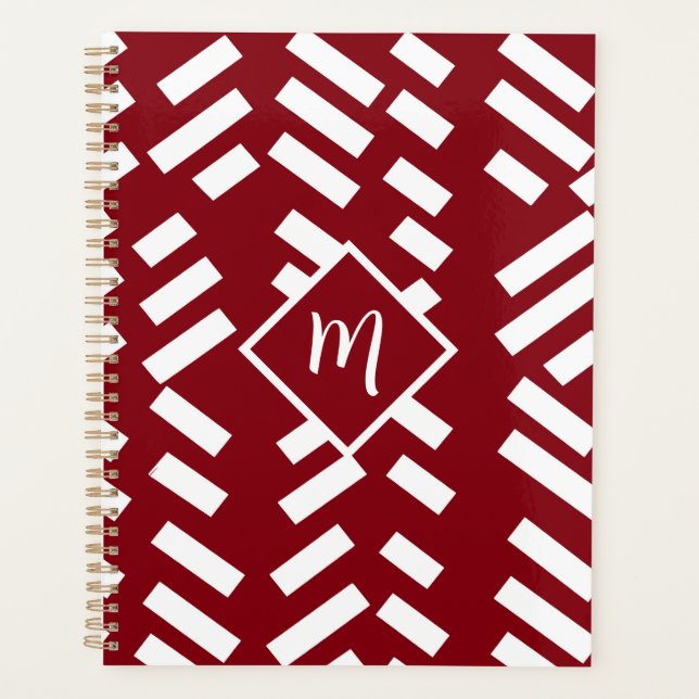 Red Minimalist Diagonal Striped Pattern, Monogram Planner (Front)