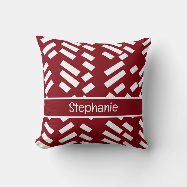 Red Minimalist Diagonal Striped Pattern With Name Cushion (Front)