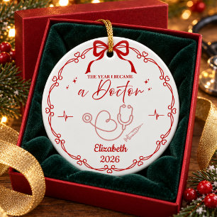 Red Minimalist Doctor Christmas Custom Name Year Ceramic Tree Decoration