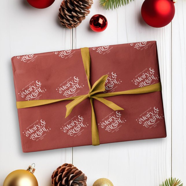 Red Minimalist Merry & Bright Christmas Wrapping Paper (Mockup View)