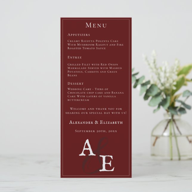 Red Minimalist Monogram Wedding Menu (Standing Front)