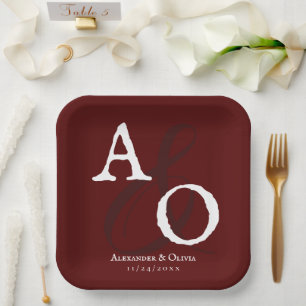 Red Minimalist Monogram Wedding Paper Plate