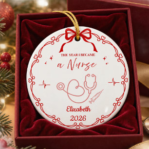 Red Minimalist Nurse Christmas Custom Name Year Ceramic Tree Decoration