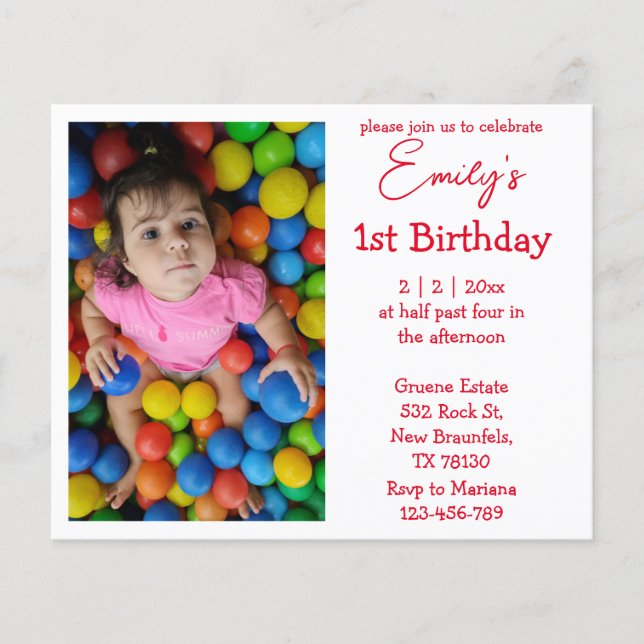 red minimalist photo girl 1st birthday invitation  flyer (Front)