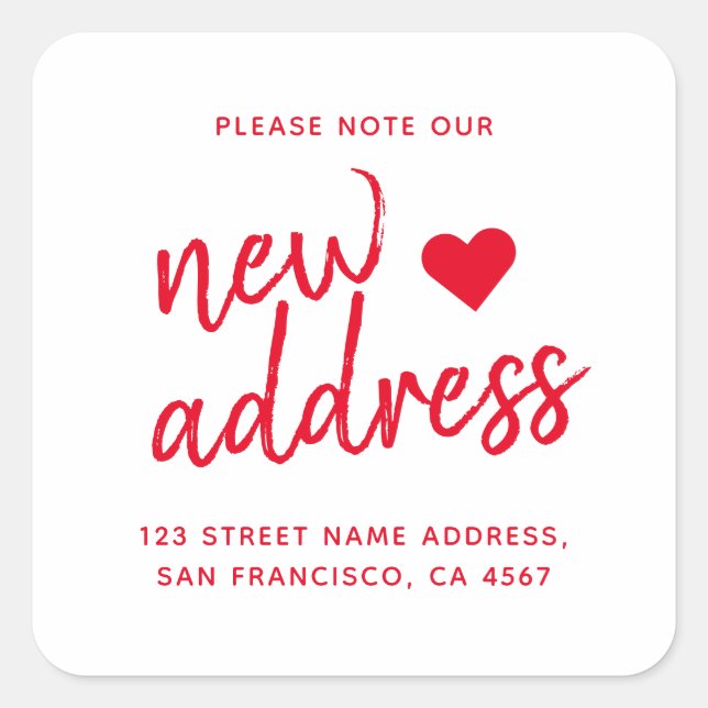 Red Minimalist Please Note Our New Address Square Sticker (Front)