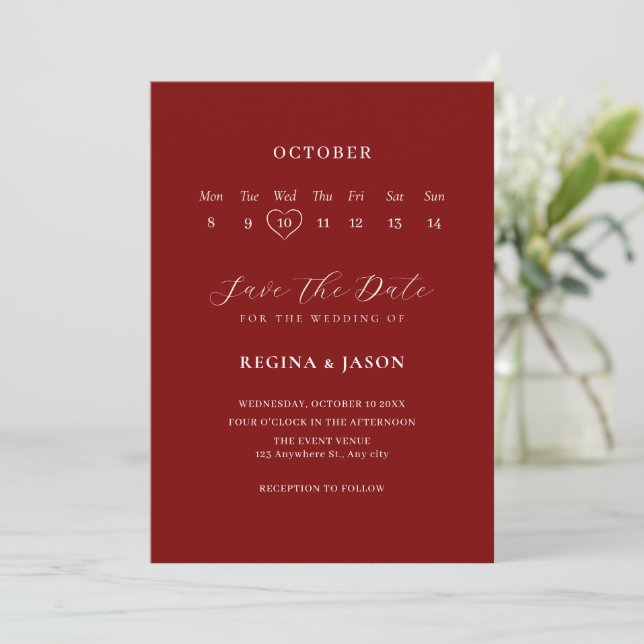 Red Minimalist save the date calender  (Standing Front)